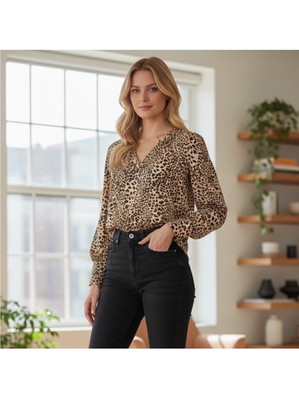 Rebecca Taylor Beige and Black Leopard Print V-Neck Blouse